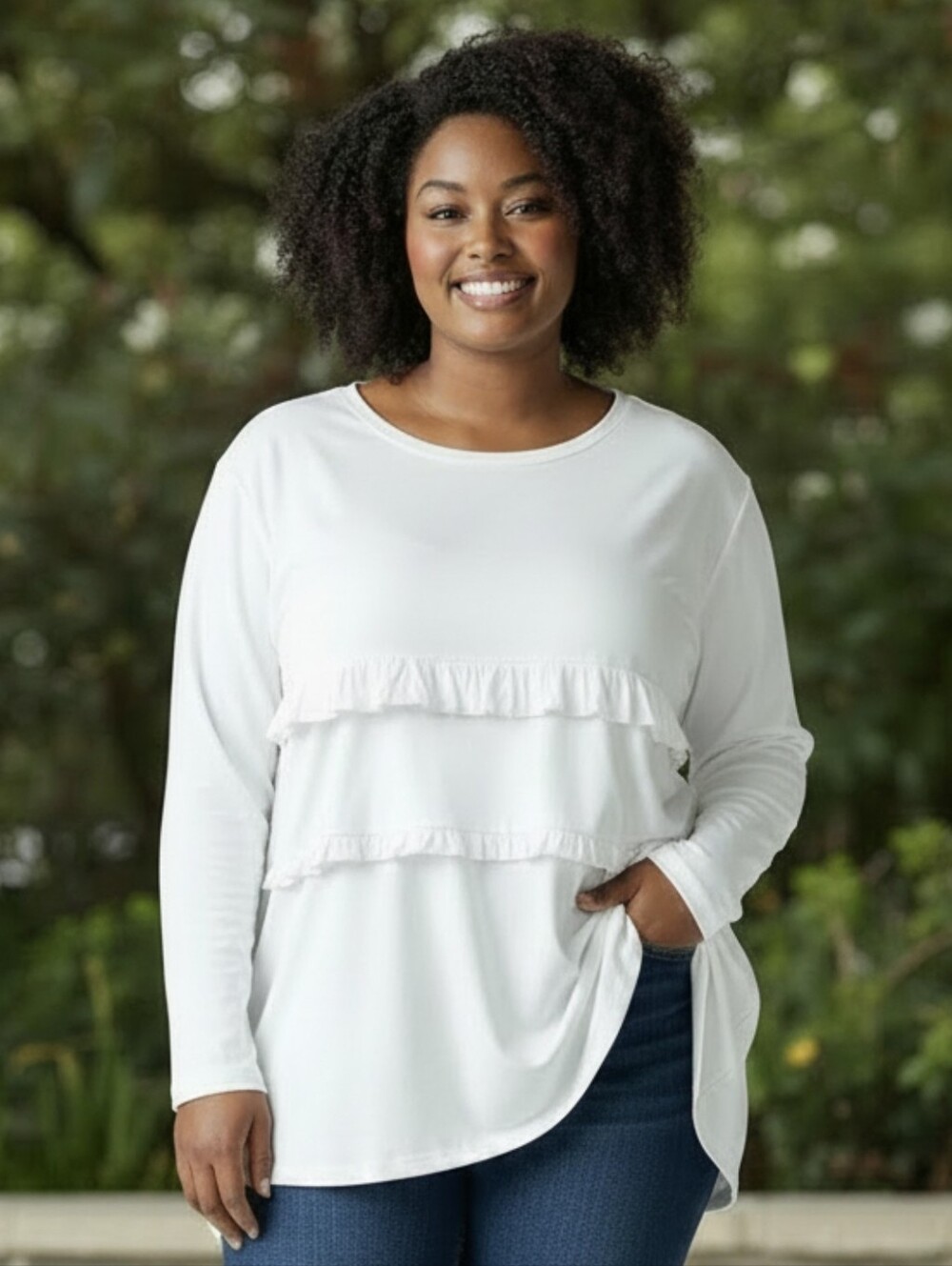 DOUBLJU White Ruffle Detail Women’s Top